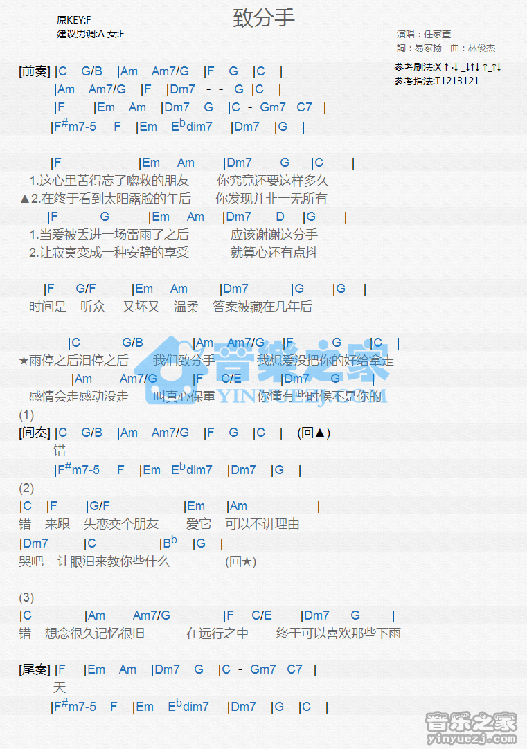 任家萱《致分手》尤克里里谱