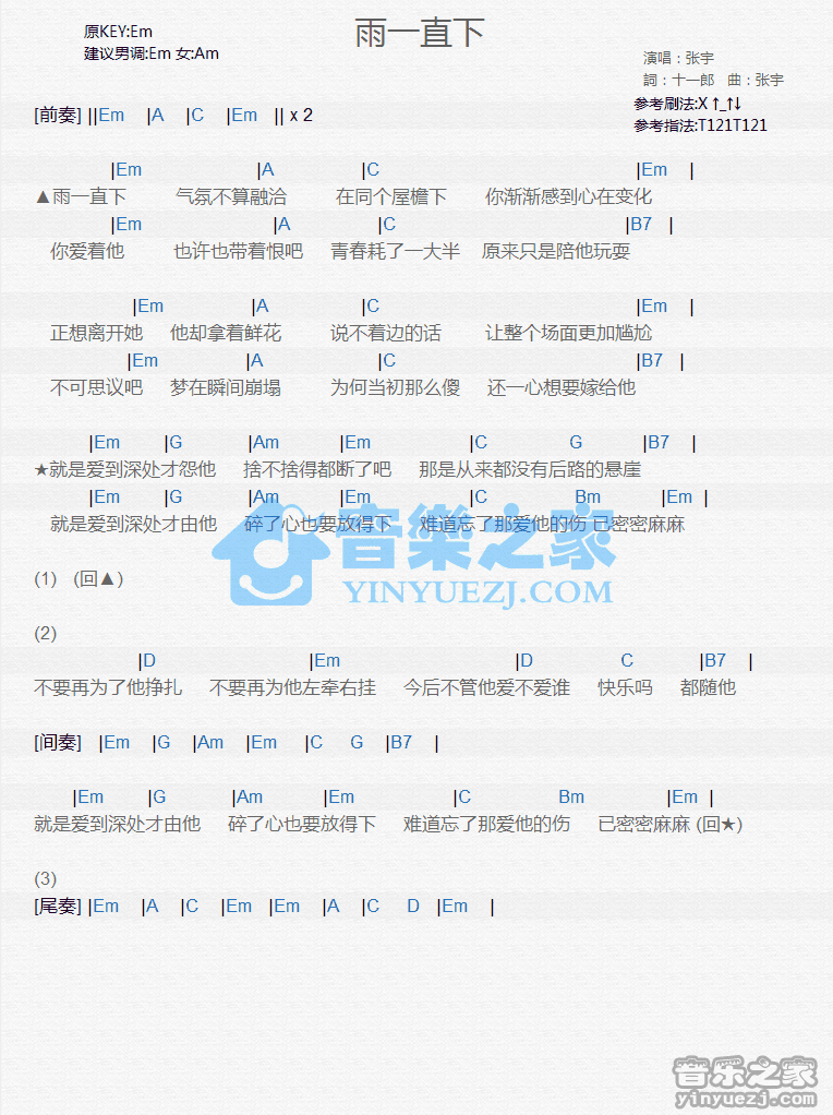 张宇《雨一直下》尤克里里谱