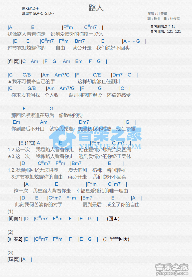 1江美琪《路人》尤克里里谱