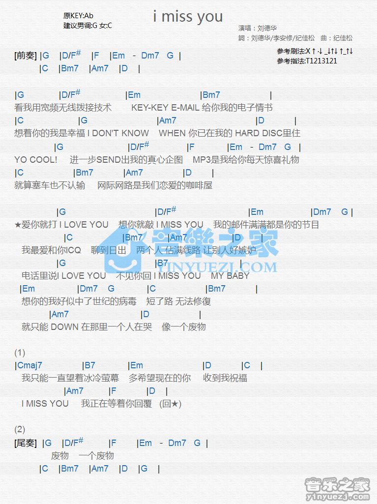 刘德华《I Miss You》尤克里里谱