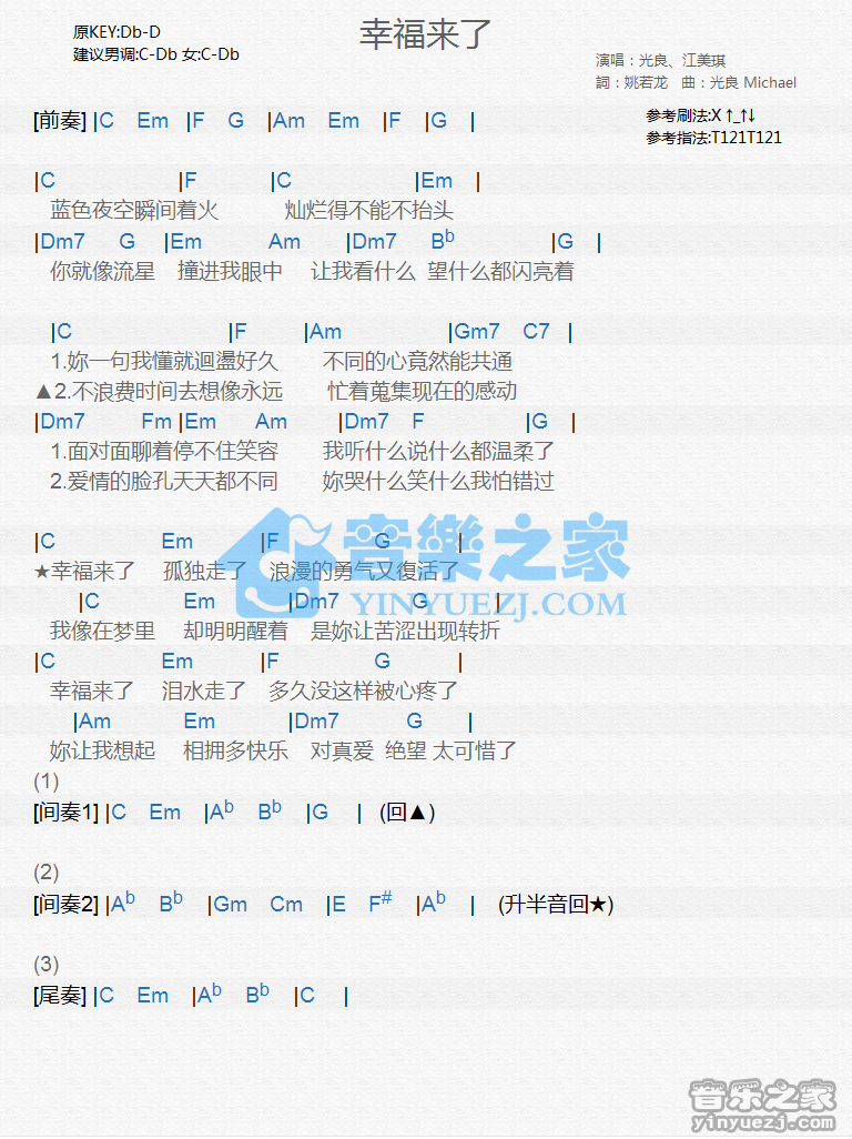 光良/江美琪《幸福来了》尤克里里谱