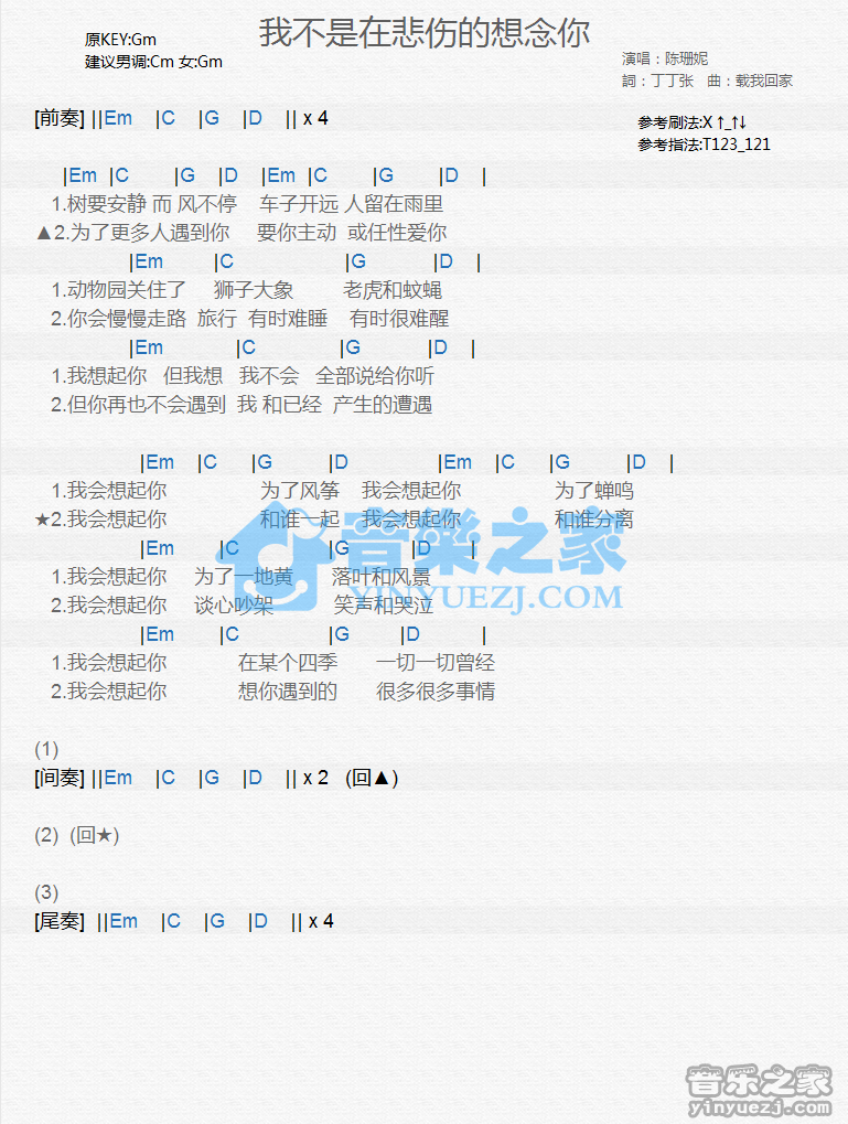 陈珊妮《我不是在悲伤的想念你》尤克里里谱