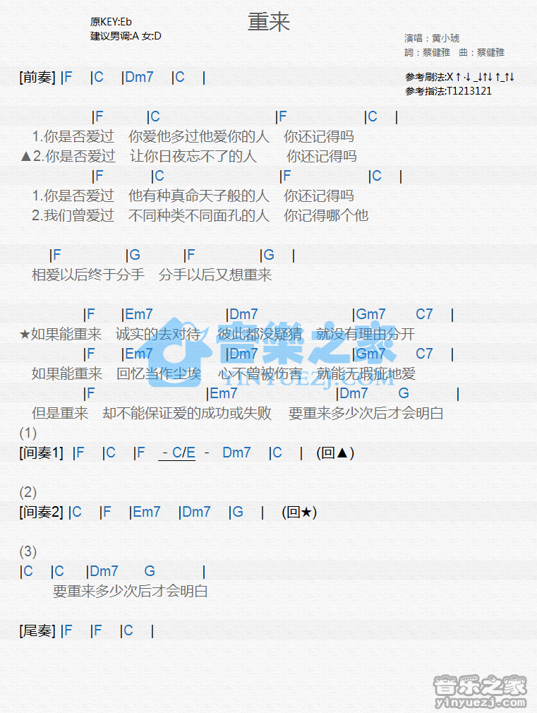 黄小琥《重来》尤克里里谱