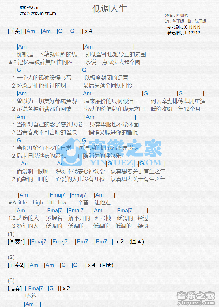 陈珊妮《低调人生》尤克里里谱