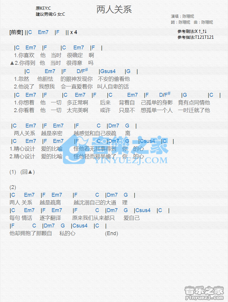 陈珊妮《两人关系》尤克里里谱