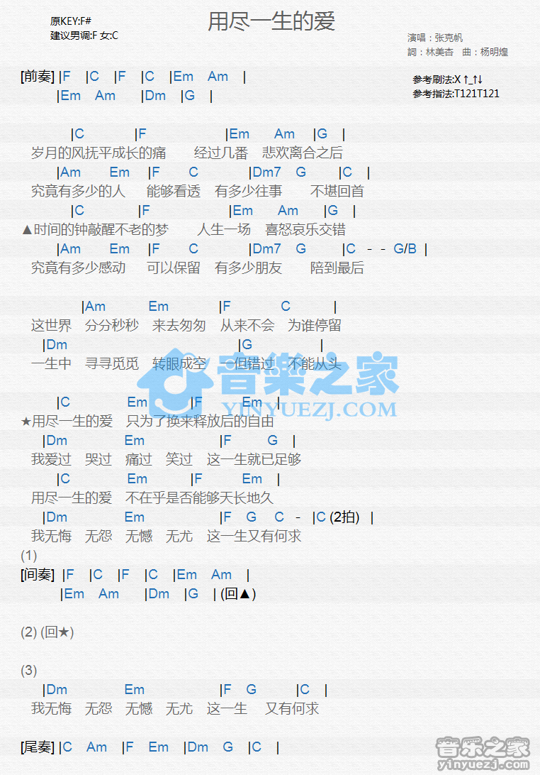 张克帆《用尽一生的爱》尤克里里谱