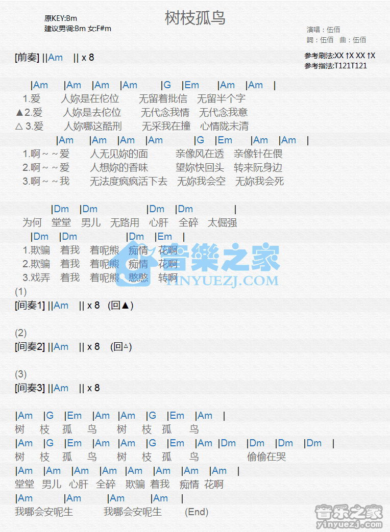 伍佰《树枝孤鸟》尤克里里谱