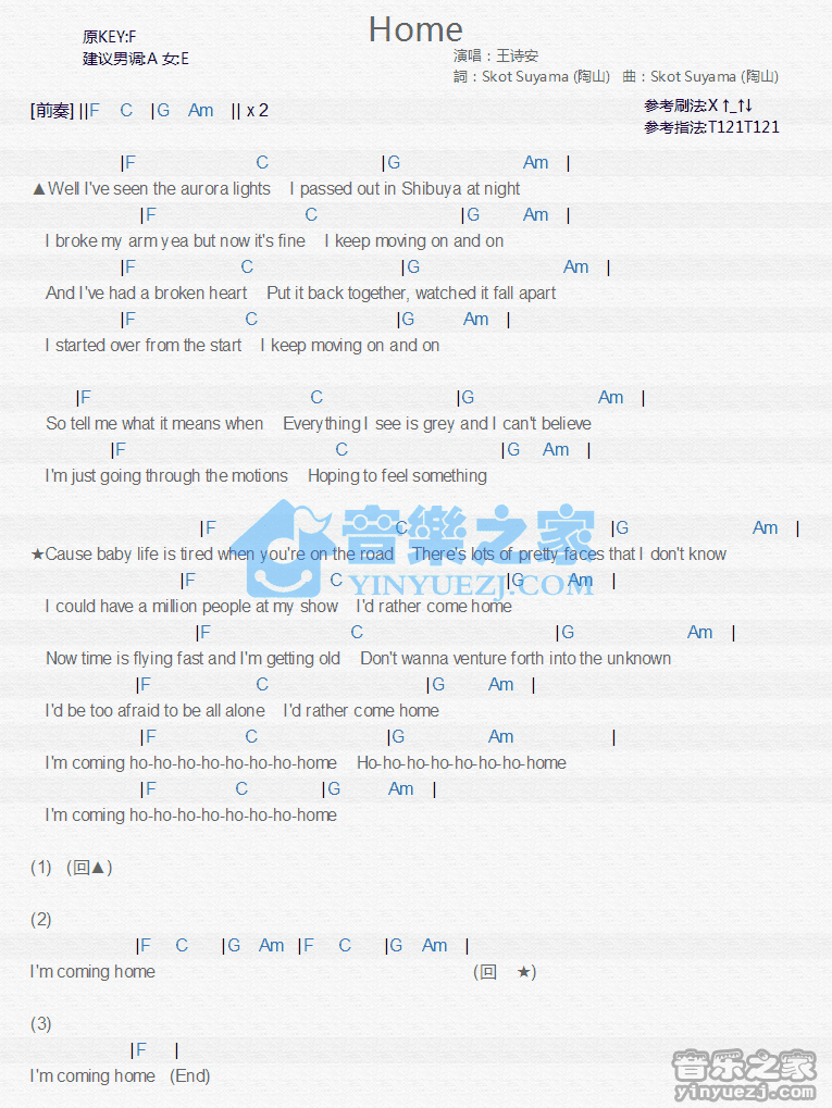 王诗安《Home》尤克里里谱