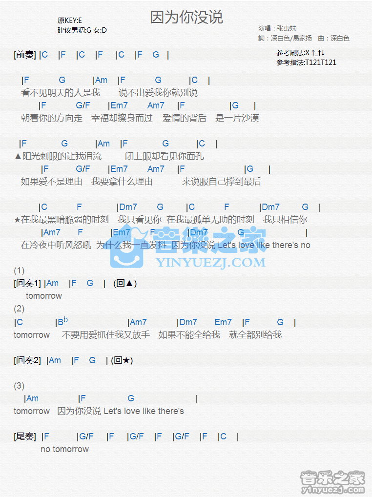 张惠妹《因为你没说》尤克里里谱