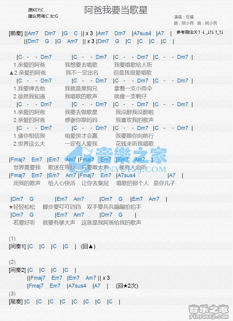 旺福《阿爸我要当歌星》尤克里里谱
