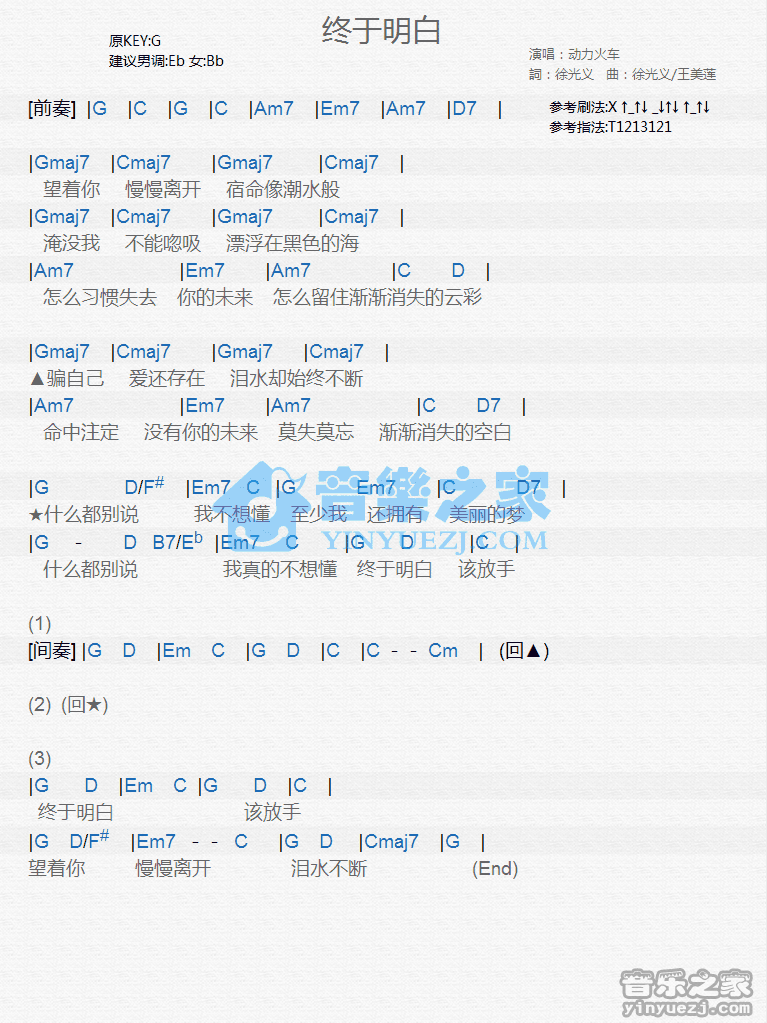 动力火车《终于明白》尤克里里弹唱谱