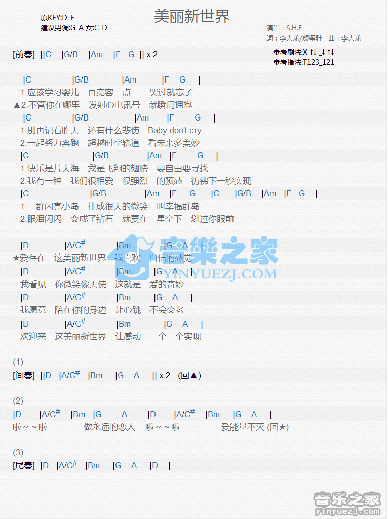 S.H.E《美丽新世界》尤克里里弹唱谱