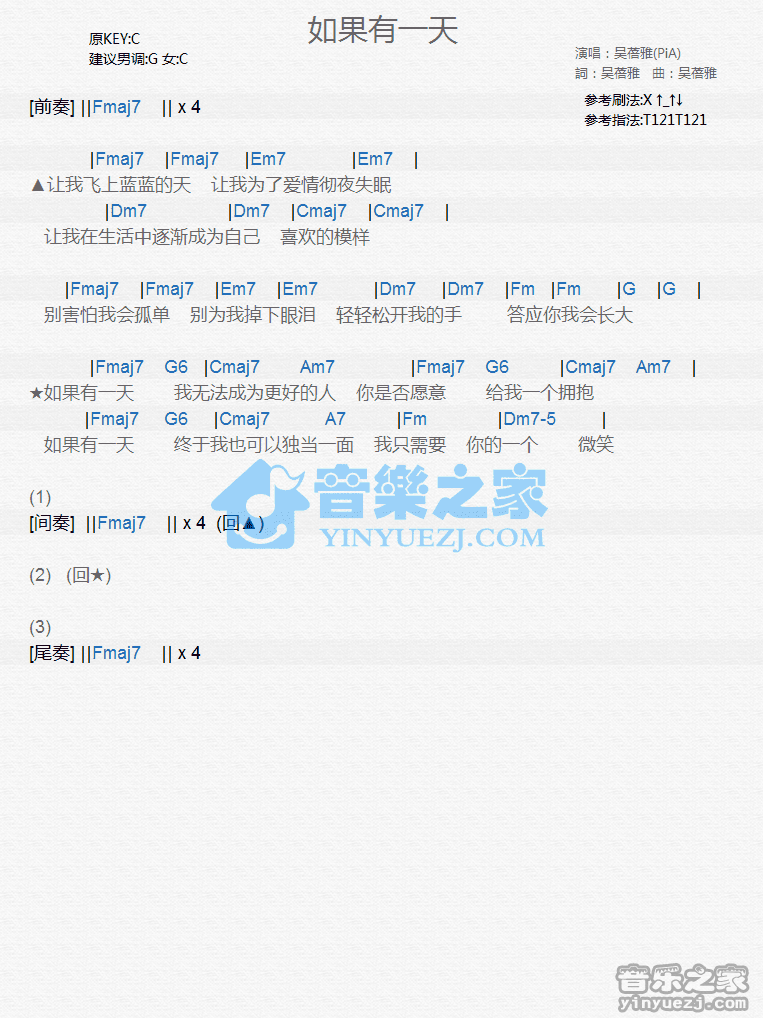 吴蓓雅《如果有一天》尤克里里弹唱谱