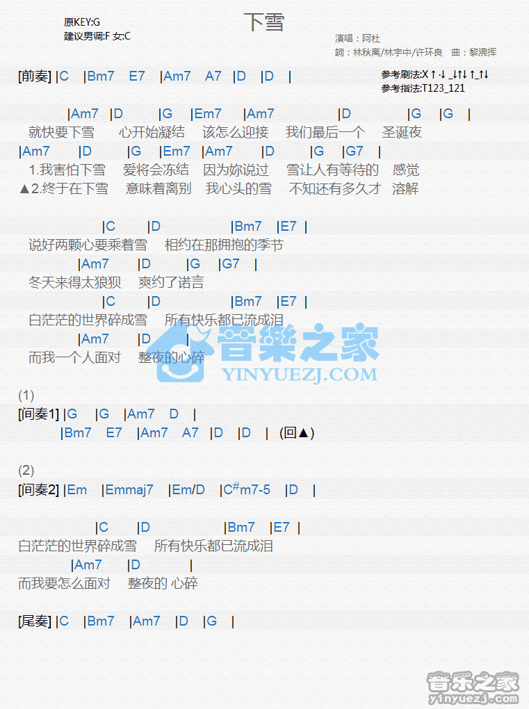 阿杜《下雪》尤克里里弹唱谱