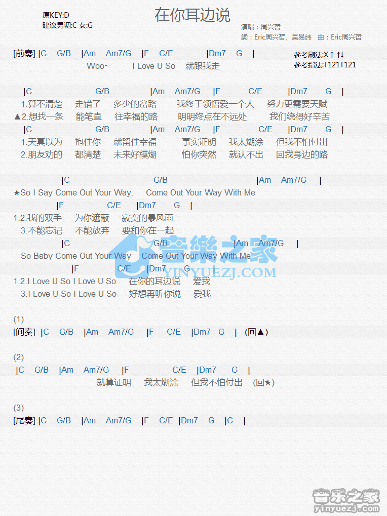 周兴哲《在你耳边说》尤克里里弹唱谱