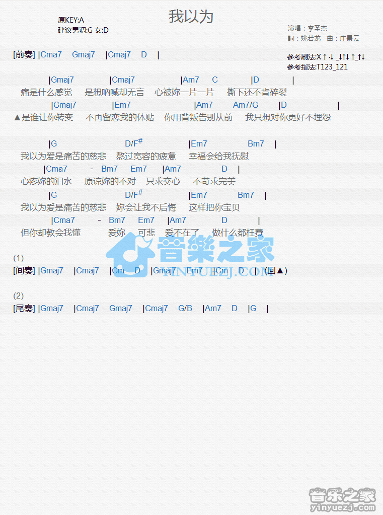 李圣杰《我以为》尤克里里弹唱谱