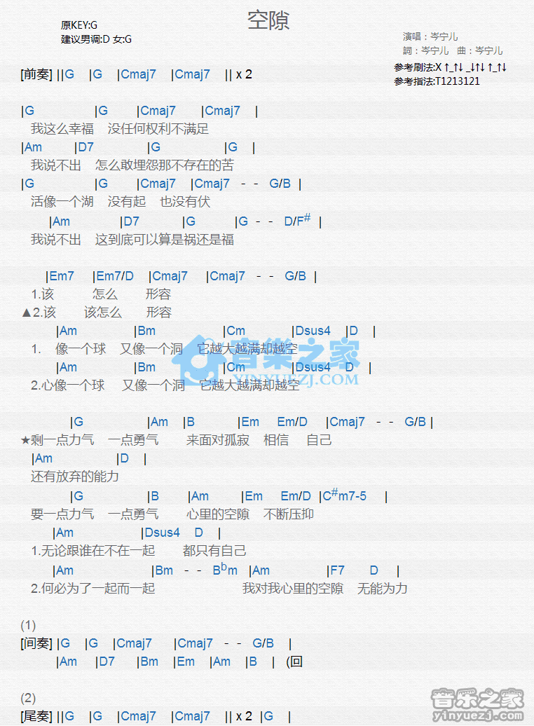 岑宁儿《空隙》尤克里里弹唱谱