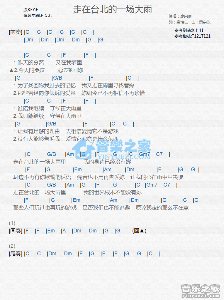 庹宗康《走在台北的一场大雨》尤克里里弹唱谱