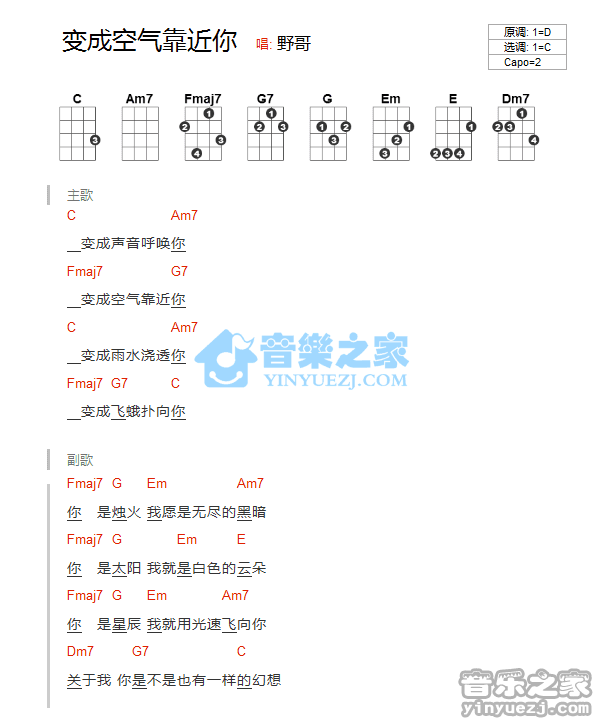 野哥《变成空气靠近你》尤克里里弹唱谱