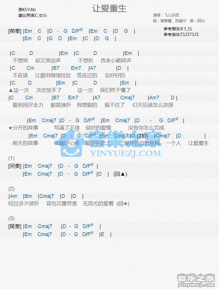 飞儿乐团《让爱重生》尤克里里弹唱谱