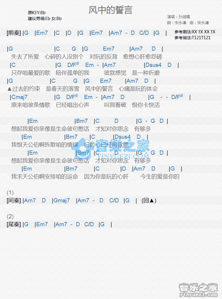 孙淑媚《风中的誓言》尤克里里弹唱谱