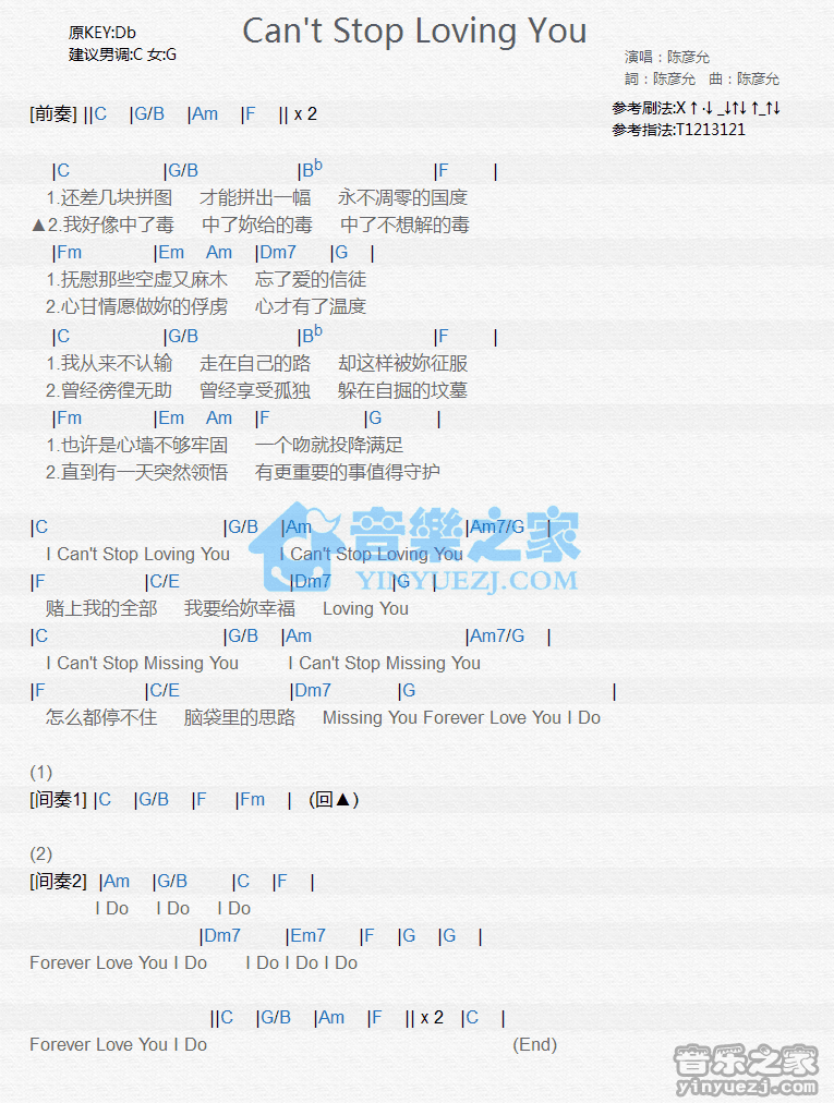 陈彦允《Can\t Stop Loving You》尤克里里弹唱谱