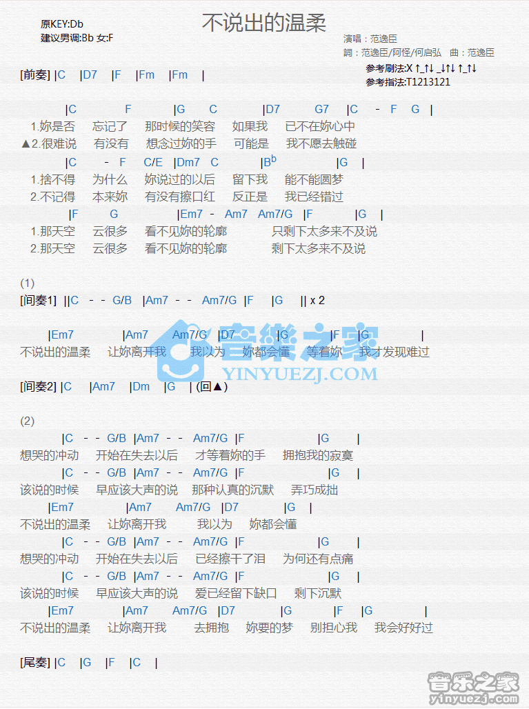 范逸臣《不说出的温柔》尤克里里弹唱谱