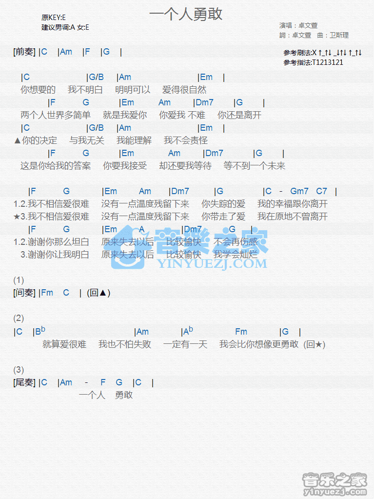 卓文萱《一个人勇敢》尤克里里弹唱谱