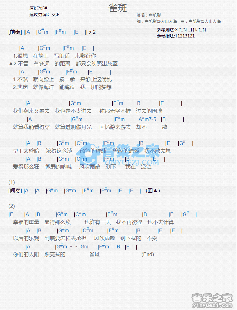 卢凯彤《雀斑》尤克里里弹唱谱