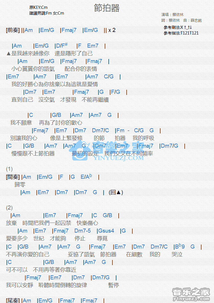 蔡依林《节拍器》尤克里里弹唱谱