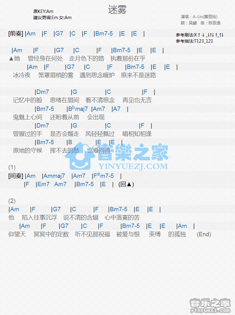 A-lin《迷雾》尤克里里弹唱谱