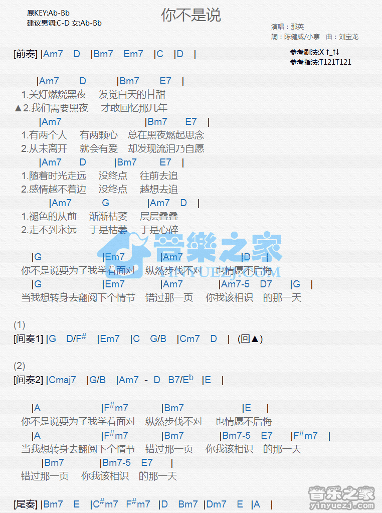 那英《你不是说》尤克里里弹唱谱