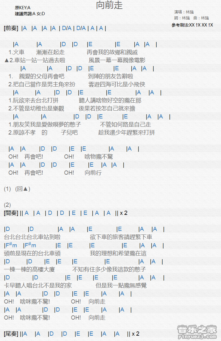 林强《向前走》尤克里里弹唱谱
