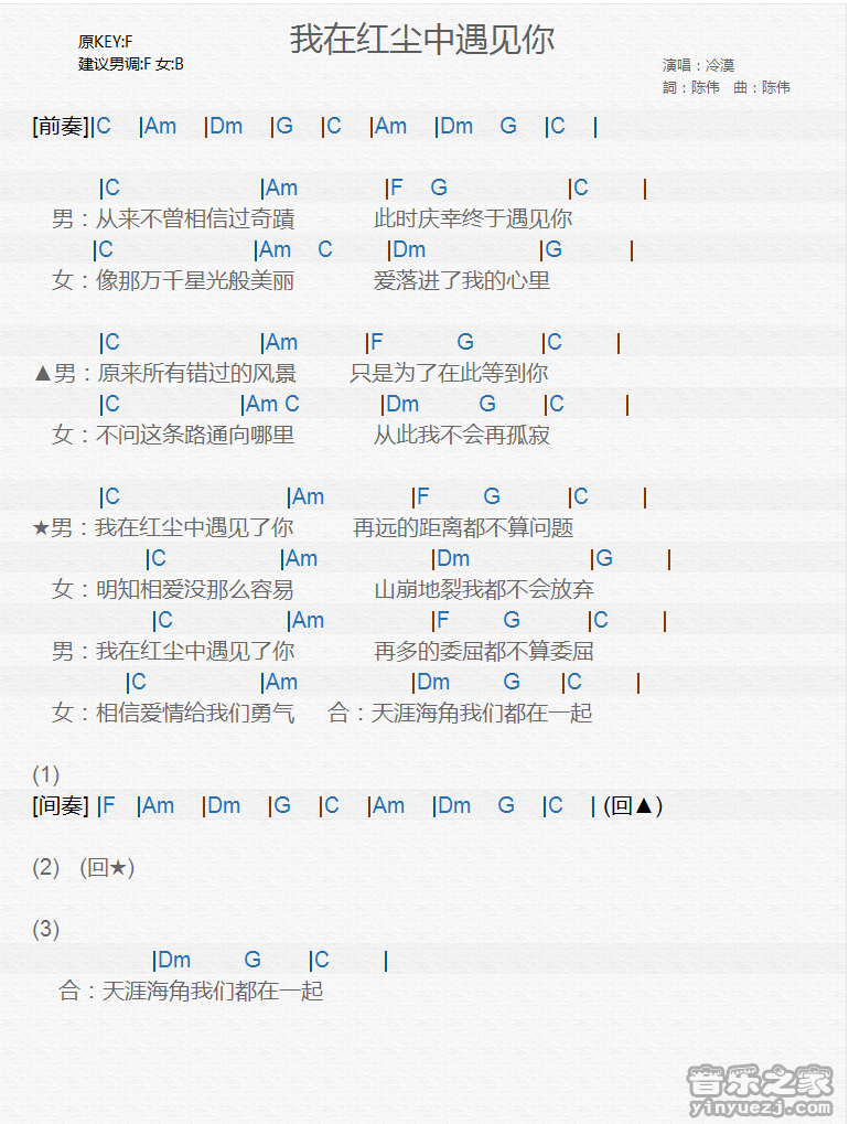 冷漠《我在红尘中遇见你》尤克里里弹唱谱