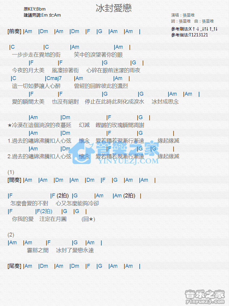 张星唯《冰封爱恋》尤克里里弹唱谱