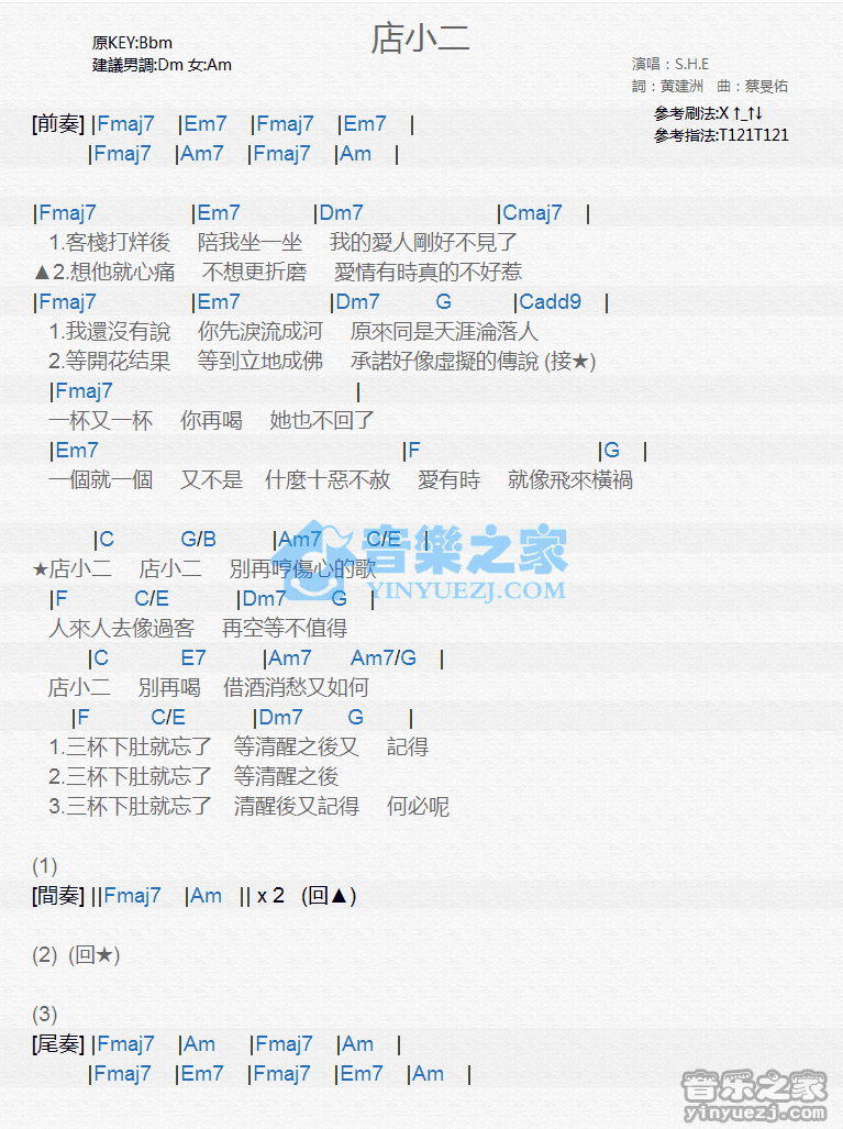 S.H.E《店小二》尤克里里弹唱谱