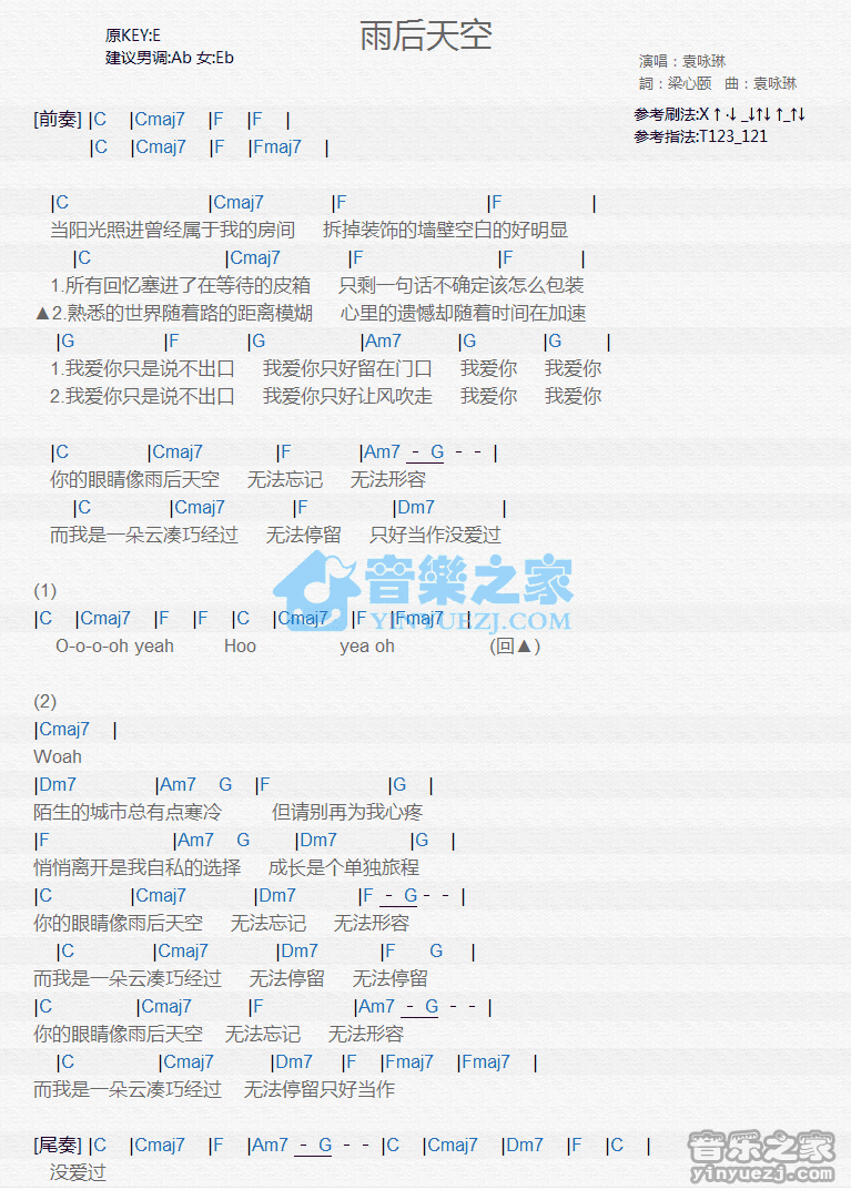 袁咏琳《雨后天空》尤克里里弹唱谱