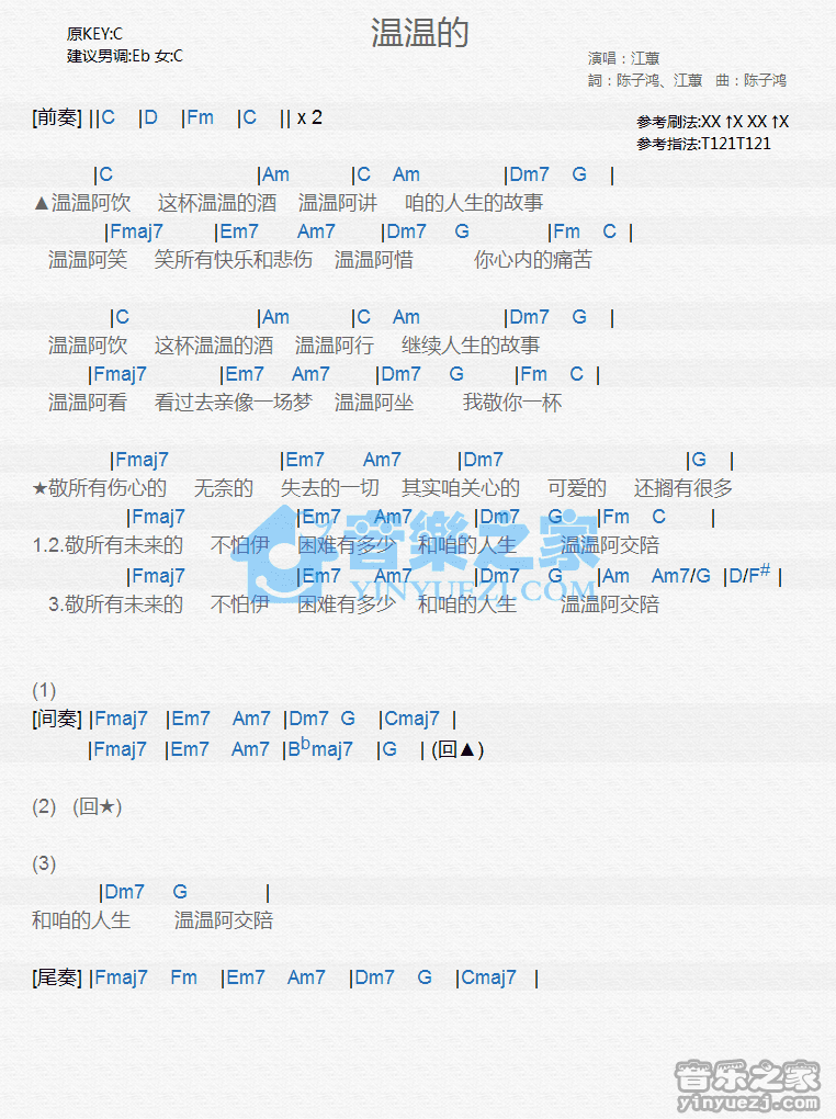 江蕙《温温的》尤克里里弹唱谱