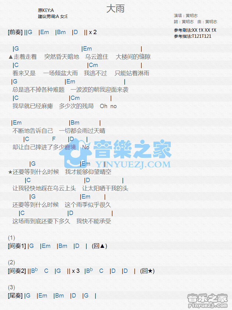 黄明志《大雨》尤克里里弹唱谱