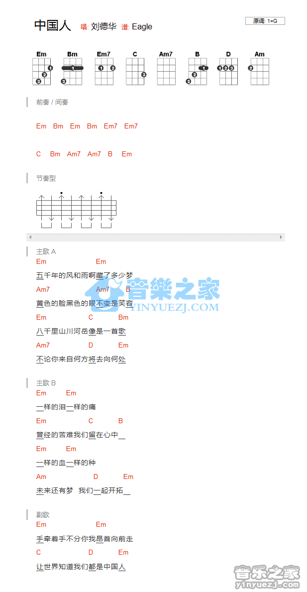 刘德华《中国人》尤克里里弹唱谱