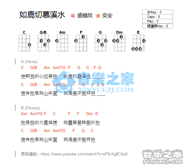 盛晓玫《如鹿切慕溪水》尤克里里弹唱谱