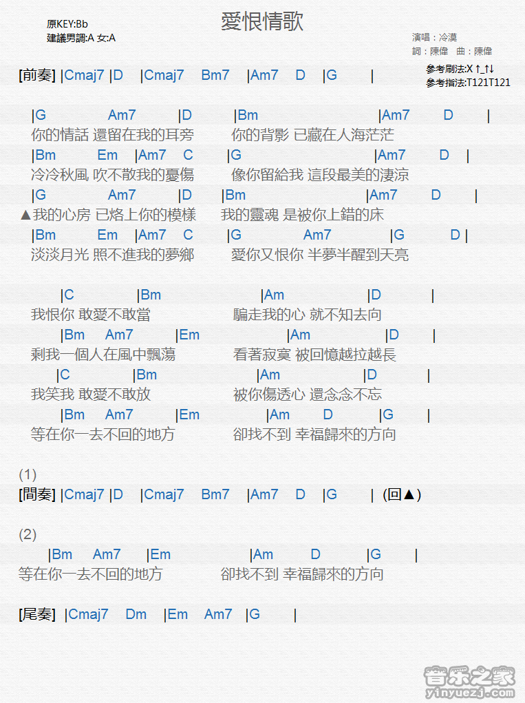 冷漠《爱恨情歌》尤克里里弹唱谱