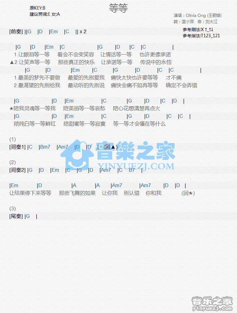 王俪婷《等等》尤克里里弹唱谱
