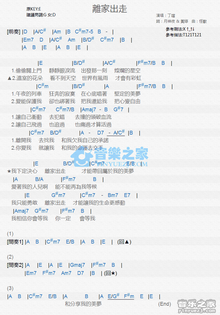 丁当《离家出走》尤克里里弹唱谱