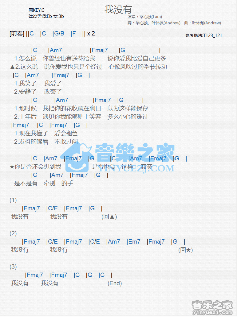 梁心颐《我没有》尤克里里弹唱谱