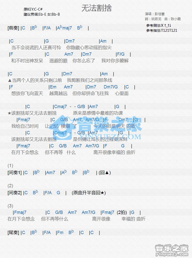 彭佳慧《无法割舍》尤克里里弹唱谱