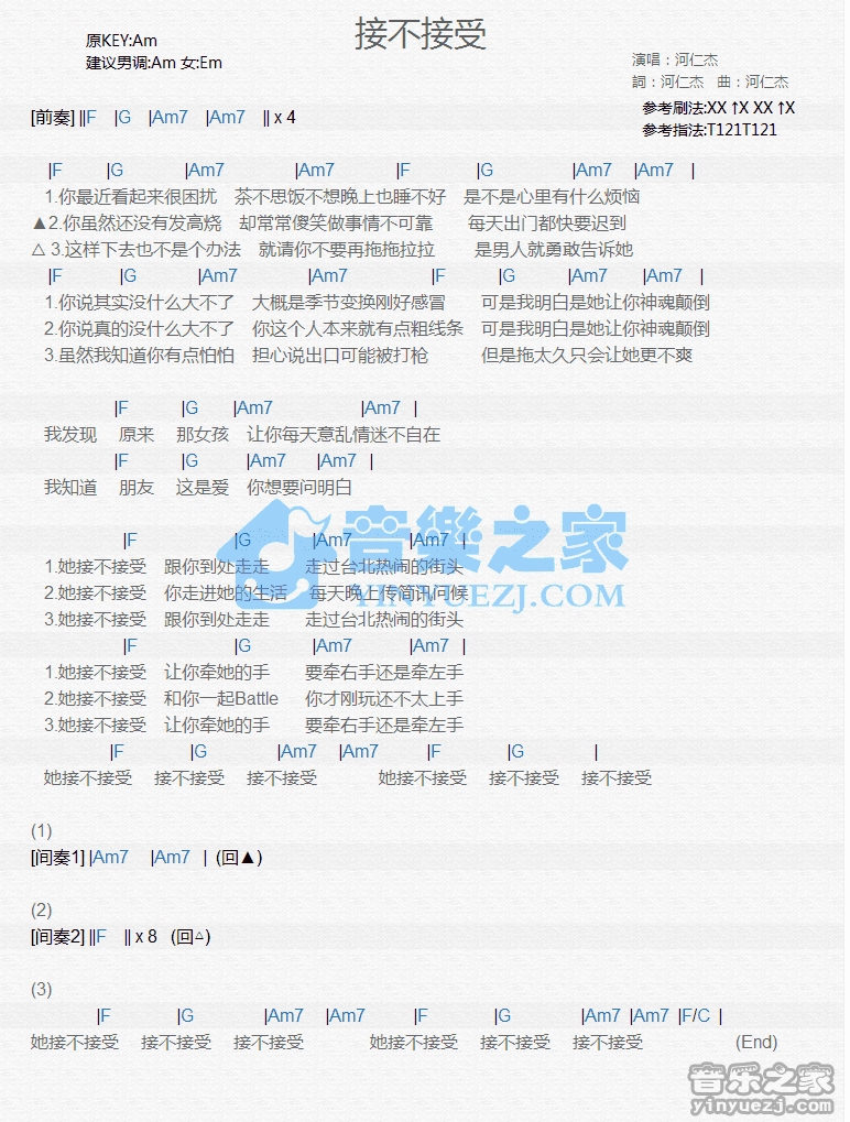 河仁杰《接不接受》尤克里里弹唱谱