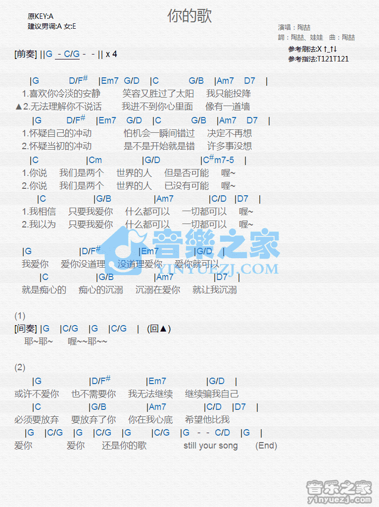 陶喆《你的歌》尤克里里弹唱谱