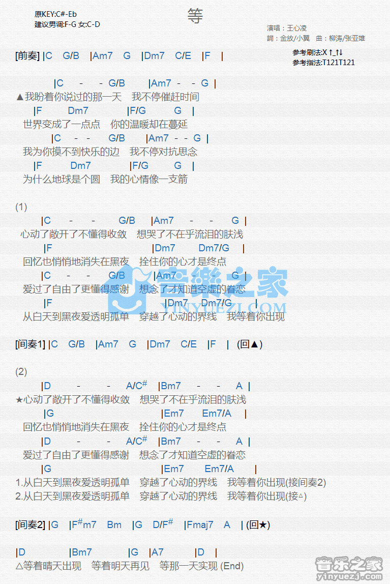 王心凌《等》尤克里里弹唱谱
