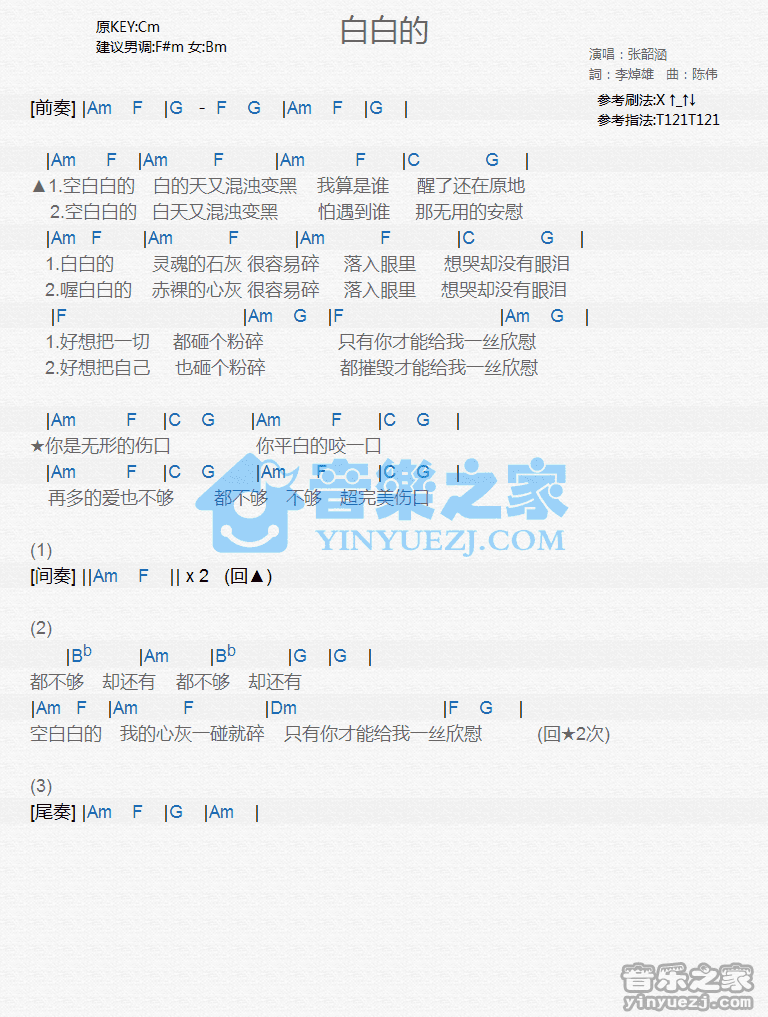 张韶涵《白白的》尤克里里弹唱谱